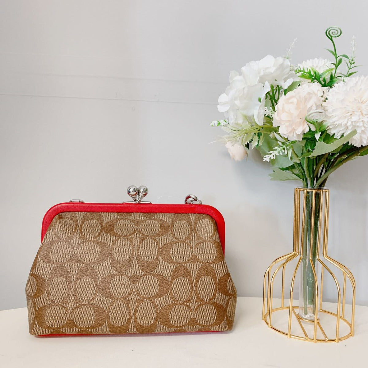Coach CH512 Nora Kisslock Crossbody In Signature Canvas IN Khaki Electric Red Coach CH512 Nora Kisslock Crossbody In Signature Canvas IN Khaki Electric Red